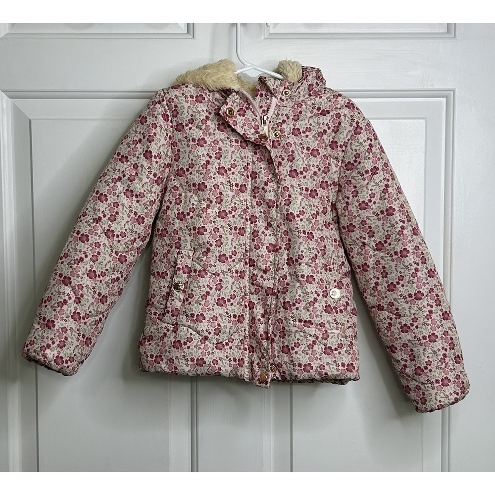 TAHARI Puffer Jacket + Hood Girls 5 Faux Fur Lined Floral Pink Beige READ